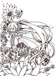  closed_eyes eyes_closed flower hatsune_miku hinata_riku lineart long_hair monochrome smile solo twintails very_long_hair vocaloid 
