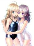  ;o amamiya_minato aqua_eyes blonde_hair blush breasts cheek-to-cheek hair_ornament hair_ribbon looking_at_viewer multiple_girls one-piece_swimsuit original purple_eyes ribbon school_swimsuit shiny shiny_clothes silver_hair smile swimsuit thigh-highs thighhighs violet_eyes wet wet_clothes white_legwear white_school_swimsuit white_swimsuit wink 
