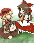  aki_minoriko blonde_hair blush bow brown_eyes brown_hair closed_eyes detached_sleeves eyes_closed food food_themed_clothes fruit grapes hair_bow hair_tubes hakurei_reimu hat multiple_girls mutsuki_(tsugaidanuki) open_mouth payot ponytail short_hair sitting skirt skirt_set touhou yukkuri_shiteitte_ne 