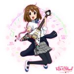  brown_hair gibson guitar hirasawa_yui instrument jumping k-on! moffun pantyhose plaid plaid_skirt revision short_hair skirt swimsuit 