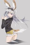 1girl animal_ears ass blue_eyes goggles goggles_on_head grey_background hanna-justina_marseille long_hair looking_back no_pants panties simple_background solo strike_witches tail underwear white_hair yamaishi108 