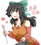  alternate_costume apron bare_shoulders black_hair blush bow breasts chopsticks contemporary frying_pan hair_bow heart long_hair off_shoulder open_mouth red_eyes reiuji_utsuho revision smile solo sweater touhou whitesesame 