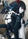  black_gold_saw black_hair black_rock_shooter black_rock_shooter_(character) blue_eyes blue_hair boots chain chains coat glowing glowing_eyes hands highres horns katana legs long_hair oni-noboru pale_skin red_eyes revision scar sword twintails uneven_twintails weapon 