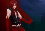  belt blood carmine closed_eyes eyes_closed fur_collar long_hair night night_sky pants red_hair redhead sky solo tattoo tom_kuroshima under_night_in-birth vest 