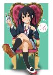  akumu_(hiziiiiii) black_hair blazer brown_eyes chair crossed_legs cupping_glass dress_shirt goblet highres k-on! legs_crossed long_hair multiple_girls nakano_azusa pocky pocky_day school_uniform shirt shoes sitting skirt twintails uwabaki 