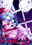  bat blue_hair clock clock_tower crossed_legs cup dress flower full_moon hat legs_crossed mao_a_mi_mi moon open_mouth petals red_eyes remilia_scarlet rose sitting slit_pupils solo teacup touhou tower 