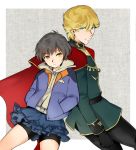  1girl audrey_burne banagher_links bike_shorts blonde_hair brown_eyes brown_hair cape genderswap green_eyes gundam gundam_unicorn hands_in_pockets hoodie jacket military military_uniform sabata_yuki short_hair shorts_under_skirt skirt_over_shorts uniform yellow_eyes 