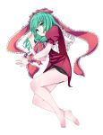  arm_ribbon bare_legs barefoot bow front_ponytail green_hair hair_bow hair_ribbon highres kagiyama_hina long_hair looking_at_viewer lying nechio open_mouth ribbon short_sleeves simple_background solo touhou white_background 