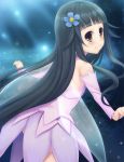  bare_shoulders black_hair blush detached_sleeves dress fairy fairy_wings hair_ribbon light_particles long_hair looking_back outstretched_arms pinkarage ribbon smile solo sword_art_online wings yellow_eyes yui_(sao) yui_(sao-alo) 