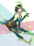  bird boots bracelet breasts bridal_gauntlets cleavage collarbone earrings feathers final_fantasy final_fantasy_iv green_eyes green_hair hair_ornament halu-ca highres jewelry leaning_forward lips long_hair revision rydia smile solo sparrow wind 