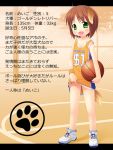  :d ahoge animal_ears basketball basketball_uniform blush brown_hair dog_ears dog_tail fang green_eyes inuarashi letterboxed meiko_(inuarashi) open_mouth original short_hair smile solo sportswear standing tail translation_request 
