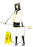  bangs black_hair cable copyright_request helmet highres kneehighs legs long_hair monochrome musical_note pleated_skirt sailor_collar sawasawa shovel simple_background skirt solo white_background worktool 