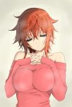  artist_request bare_shoulders breast_suppress breasts brown_hair closed_eyes collarbone eyes_closed highres inushi koisome_momiji large_breasts nanasato_yui off_shoulder red_hair simple_background 