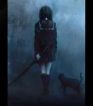  black_cat black_hair black_legwear blood cat dark from_behind katana kneehighs original pillarboxed revision rough school_uniform seafh serafuku solo sword weapon 