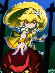  1girl akaooni blonde_hair bowtie brooch choker cure_peace darker_than_black double_v expressionless glowing glowing_eyes hajime_(caramel_toone) horns jewelry kise_yayoi long_hair magical_girl parody power_connection precure red_eyes red_skin smile_precure! v yellow_sclera 