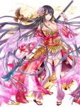  bare_shoulders bird black_hair breasts cleavage detached_pants eurasian_tree_sparrow flower hair_flower hair_ornament japanese_clothes jewelry long_hair mouth_hold onimusha_soul polearm sandals solo sparrow standing very_long_hair weapon yuki_hanana 