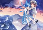  absurdres blue_eyes blue_hair blush bow cirno cloud clouds dress hair_bow hat highres ice ice_wings lavender_eyes letty_whiterock mountain multiple_girls open_mouth pink_eyes pointy_ears puffy_sleeves purple_hair ribbon saberiii scarf shared_scarf shoes short_hair short_sleeves sky snowflakes socks sunlight touhou wings winter 