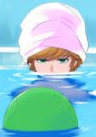  audrey_burne gacha-m green_eyes gundam gundam_unicorn haro orange_hair partially_submerged short_hair solo towel towel_on_head water 