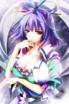  amamorient blue_hair breasts cleavage dress flower green_eyes grin hair_rings hair_stick kaku_seiga large_breasts shawl smile solo touhou vest 