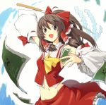  ascot bow brown_eyes brown_hair colored creeper detached_sleeves fuji-k gohei hage hair_bow hair_tubes hakurei_reimu long_hair midriff minecraft mound_of_venus navel no_panties ofuda revision simple_background skirt solo touhou when_you_see_it 