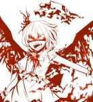  ascot fangs glowing glowing_eyes hair_ornament monochrome open_mouth remilia_scarlet short_hair sindre skirt skirt_set solo touhou wings wristband 