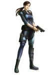  1girl blue_eyes bodysuit boots bracelet breasts brown_hair dagger gun holster jewelry jill_valentine lips long_hair official_art pistol ponytail project_x_zone resident_evil sheath sheathed solo thigh_holster trigger_discipline weapon 