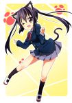  ;d animal_ears black_hair blush cat_ears cat_tail k-on! long_hair nakano_azusa open_mouth outline paw_print pleated_skirt red_eyes school_uniform skirt smile solo tail tamaran twintails wink 