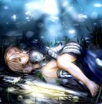  armor armored_dress barefoot between_legs blonde_hair dress fate/stay_night fate/zero fate_(series) grass green_eyes hair_bun hand_between_legs light_smile lying misako on_ground on_side saber short_hair solo sword weapon 