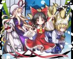  animal_ears ascot blonde_hair broom cat_ears cat_tail chen chen_(cat) dress fox_tail gap hakurei_reimu hat kirisame_marisa long_hair mugishima multiple_girls multiple_tails open_mouth parasol purple_eyes short_hair smile tail touhou umbrella violet_eyes yakumo_ran yakumo_yukari 