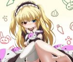  alternate_legwear barefoot blonde_hair blue_eyes blush boku_wa_tomodachi_ga_sukunai collarbone doll_hug dr._cryptoso dress feet gothic_lolita hairband hasegawa_kobato heterochromia highres lolita_fashion lolita_hairband long_hair pout red_eyes revision single_thighhigh solo stuffed_animal stuffed_toy tears thighhighs toes twintails two_side_up 