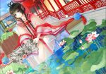  black_hair blue_eyes building chinese_clothes east_asian_architecture flower hair_rings hanfu long_hair lotus luo_tianyi object_spring sleeping smile tiger traditional_clothes vocaloid vocaloid_china white_tiger 