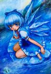 blue_dress blue_eyes blue_hair blue_sky blush bow cirno dress food hair_bow ice ice_block lake looking_at_viewer mountain oil_painting_(medium) open_mouth popsicle revision shirt short_hair short_sleeves sitting sky solo tafuto touhou wariza water wings 
