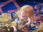  blonde_hair bouquet closed_eyes dress eyes_closed flower ib long_hair mary_(ib) miiyuro palette_knife petals picture_frame rose solo yellow_rose 