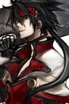  absurdres black_hair capelet early_type forehead_protector gloves guilty_gear highres long_hair order_sol over_shoulder ponytail sol_badguy solo sword sword_over_shoulder weapon weapon_over_shoulder 