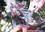  animal_ears bamboo bullet bunny bunny_ears bunny_tail crescent full_moon gun long_hair looking_at_viewer moon necktie pistol purple_hair rabbit rabbit_ears red_eyes reisen_udongein_inaba sitting skirt smoke solo tail tamon_ketsuyuki touhou watermark weapon 