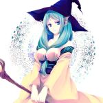  blue_eyes blue_hair breasts dress hair_ornament hat holding long_hair looking_at_viewer magi_the_labyrinth_of_magic nomoc smile solo staff witch_hat yamuraiha 
