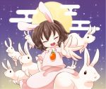  animal_ears brown_hair bunny bunny_ears carrot closed_eyes dress egasumi eyes_closed inaba_tewi moon open_mouth outstretched_arm rabbit rabbit_ears s-s_(ss) short_hair smile solo touhou 