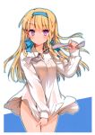  absurdres blonde_hair blush braid cuteg dress_shirt hairband highres kono_naka_ni_hitori_imouto_ga_iru! kunitachi_rinka long_hair naked_shirt official_art purple_eyes scan shirt shirt_tug side_braid solo thigh_gap violet_eyes 