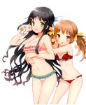  :o absurdres bare_shoulders bikini black_hair bow breasts brown_eyes brown_hair cleavage cuteg flower_bracelet frilled_bikini frills green_eyes hair_bow hair_ornament hairclip highres kannagi_miyabi kono_naka_ni_hitori_imouto_ga_iru! long_hair multicolored_bikini multiple_girls navel official_art red_bikini swimsuit tsuruma_konoe twintails very_long_hair 