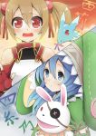  animal_hood bare_shoulders blue_hair breastplate brown_hair bunny crossover date_a_live dragon fingerless_gloves gloves h2o_(ddks2923) hood multiple_girls pina_(sao) puppet rabbit red_eyes short_hair short_twintails silica stuffed_animal stuffed_bunny stuffed_toy sword_art_online twintails yoshino_(date_a_live) 