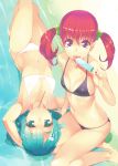  barefoot bikini blue_eyes blue_hair hair_bobbles hair_ornament hairclip licking long_hair mouth_hold multiple_girls navel original pink_hair popsicle red_eyes red_hair ryuuta_(msxtr) swimsuit tongue twintails 