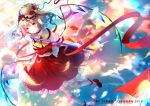  blonde_hair feathers flandre_scarlet hair_ornament holding light_particles magical_girl red_eyes red_ribbon ribbon riichu side_ponytail skirt solo staff touhou watermark wings 