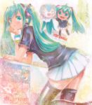  :d :o ahoge aqua_eyes aqua_hair arm_up black_legwear blush chibi chin_rest family_mart hair_ornament hatsune_miku long_hair mayo_riyo multiple_girls necktie open_mouth skirt smile thigh-highs thighhighs traditional_media twintails very_long_hair vocaloid 