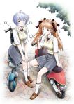  ayanami_rei blue_eyes bow breasts hair_bow kura_oh motor_vehicle multiple_girls neon_genesis_evangelion orange_hair pleated_skirt popsicle red_eyes scooter short_sleeves sitting skirt socks soryu_asuka_langley souryuu_asuka_langley sweater_vest twintails vehicle 