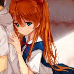  1girl blue_eyes blush hair_ornament ikari_shinji light_particles long_hair looking_at_viewer modern_afro neon_genesis_evangelion orange_hair ribbon shirt soryu_asuka_langley souryuu_asuka_langley white_shirt 