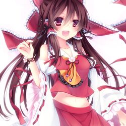  :d ascot bare_shoulders blush brown_hair detached_sleeves hair_tubes hakurei_reimu long_hair mikazuki_sara open_mouth red_eyes ribbon skirt smile solo touhou 