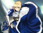  ahoge armor armored_dress blonde_hair cape drawing_sword dress excalibur fate/stay_night fate/zero fate_(series) fur_trim gauntlets green_eyes hair_ribbon juliet_sleeves long_sleeves puffy_sleeves ribbon rushi_(bloodc) saber solo sword weapon 