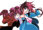  90s bakuretsu_hunters blue_eyes chocolate_misu coat earrings gotou_keiji jewelry long_hair multiple_girls official_art pink_hair red_eyes red_hair redhead siblings sisters smile spiked_hair spiky_hair tira_misu white_background 