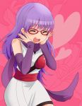  :d arm_warmers blush closed_eyes eyes_closed gintama glasses hands_on_own_cheeks hands_on_own_face heart ica long_hair mole open_mouth purple_hair sarutobi_ayame scarf smile solo 