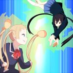  2girls black_hair blonde_hair blue_eyes chuunibyou_demo_koi_ga_shitai! company_connection crossover dekomori_sanae game_center_arashi hair_weapon hobunsha honjou k-on! kyoto_animation long_hair multiple_girls nakano_azusa parody red_eyes school_uniform smile studio_connection tbs tokyo_mx twintails 